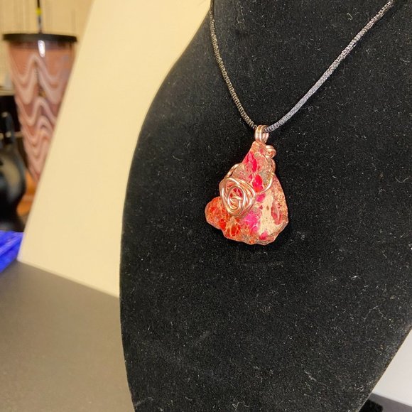 Pink Jasper Chunk Rosegold Wire Wrapped Pendant Handcrafted - Picture 7 of 10